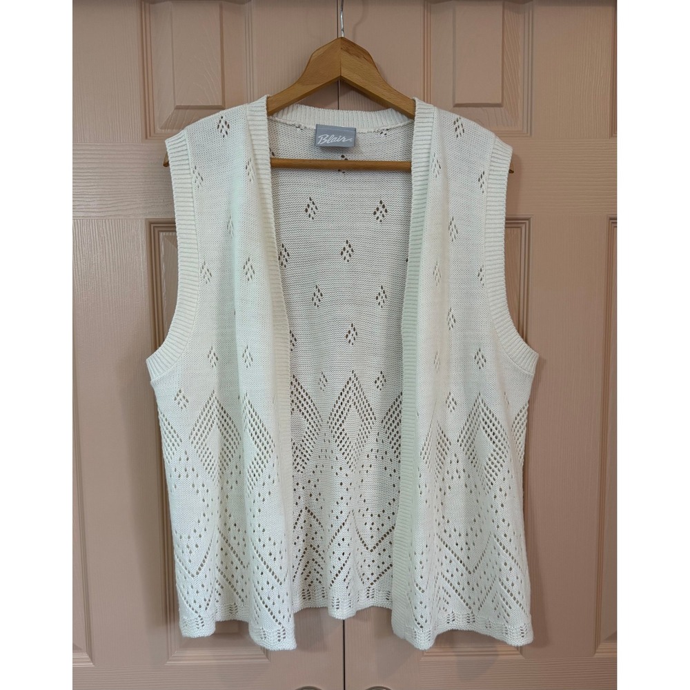 Vintage Pointelle Knit Open Front Vest Cream L Boho Coquette Coastal Grandma